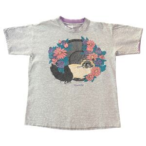 Vintage 1990 Lesal West Cat Graphic T‑Shirt Wyoming Floral Print Women’s Large